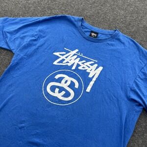 Stussy Stock Link T Shirt Mens L Grunge Skater Hip Hop Logo Streetwear Blue SS